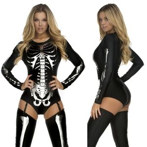 Forplay Snazzy Skeleton Sexy Garter Bodysuit Women's S/M Halloween Sugar Skull‎